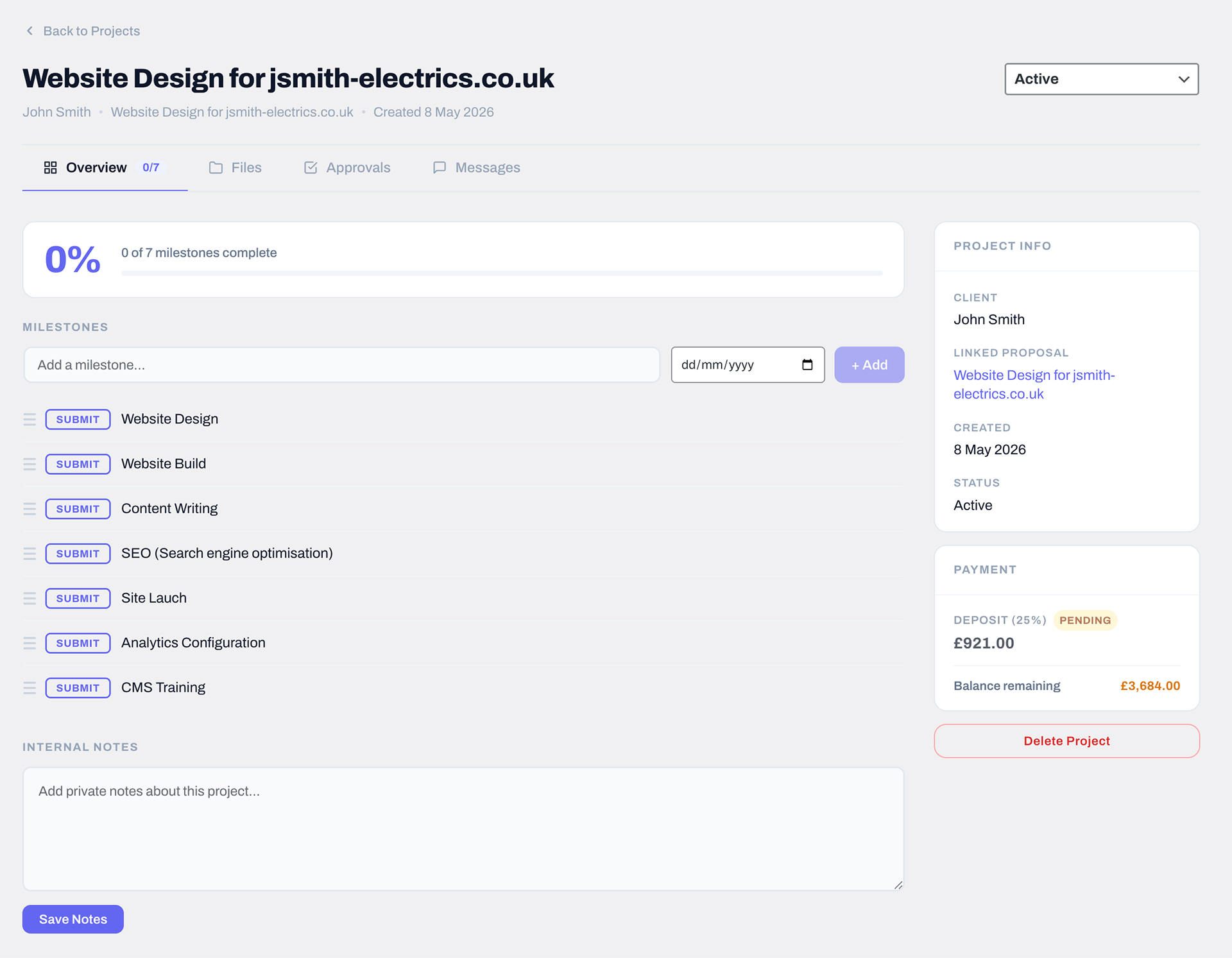 Wordpress plugin Client Octopus project interface