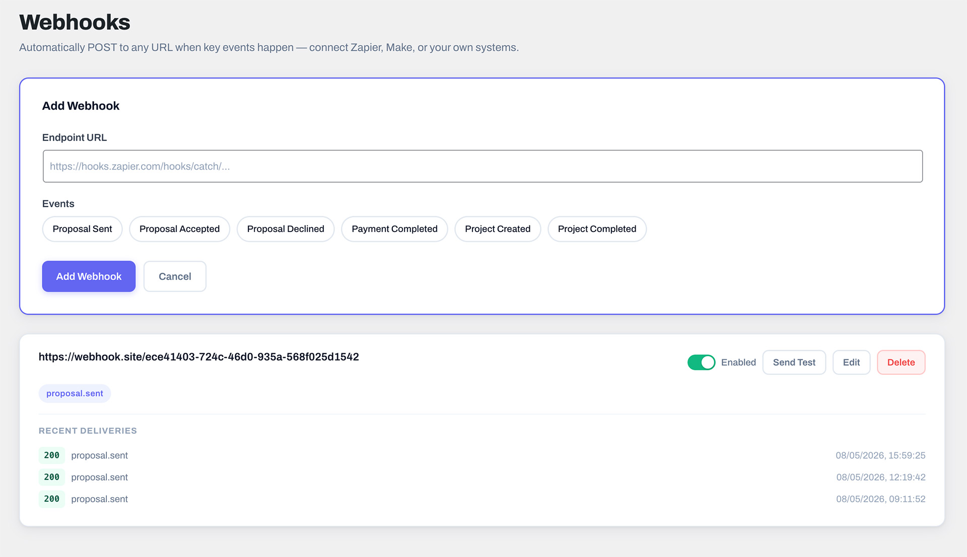 Wordpress plugin Client Octopus webhooks interface