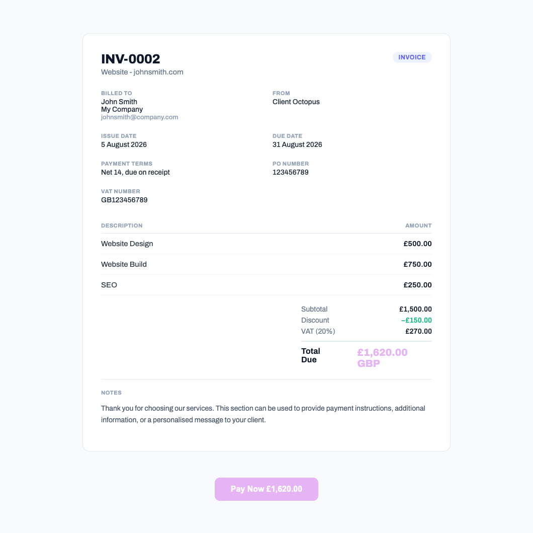 Wordpress plugin Client Octopus client-facing invoice page