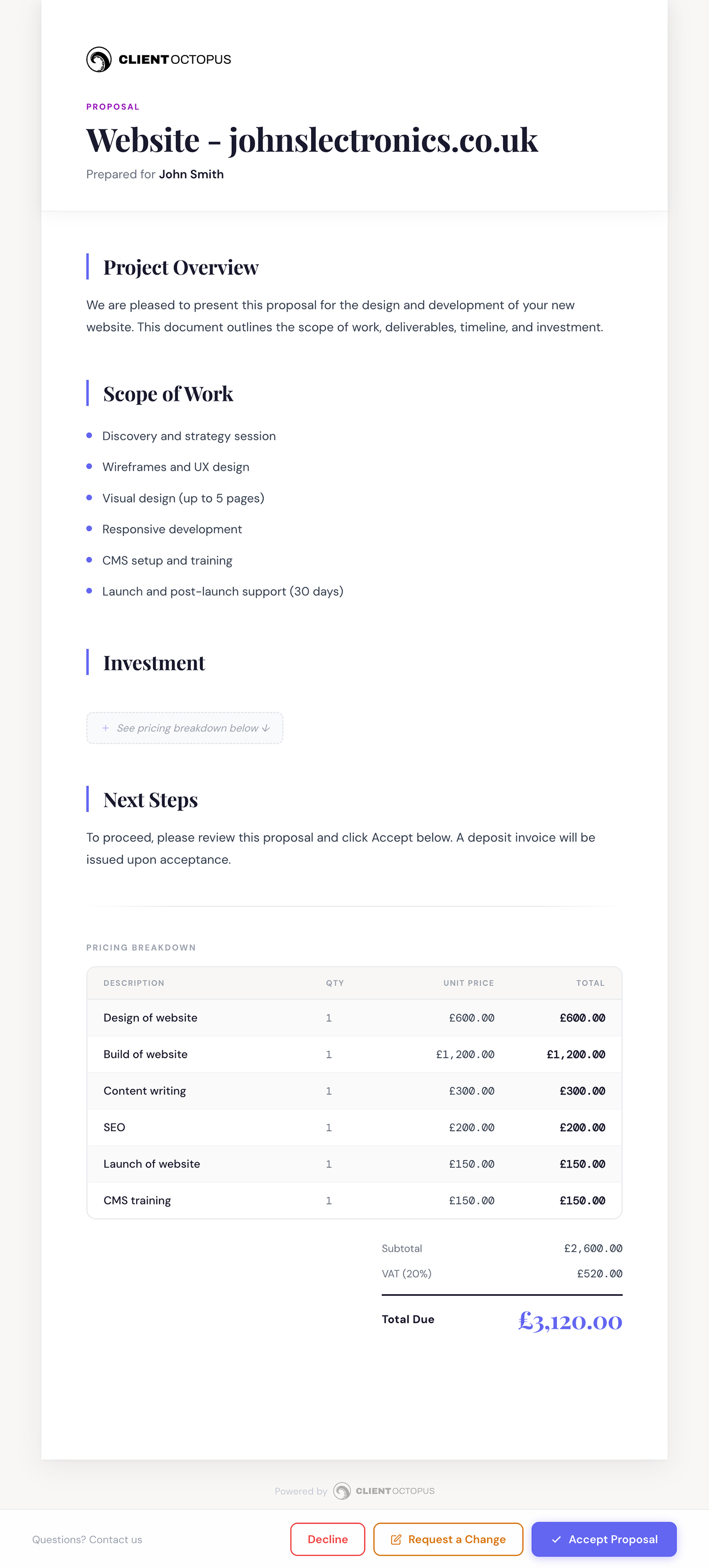 Wordpress plugin Client Octopus proposal example